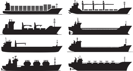 Fototapeta premium Variety of cargo ships and vessels silhouette collection