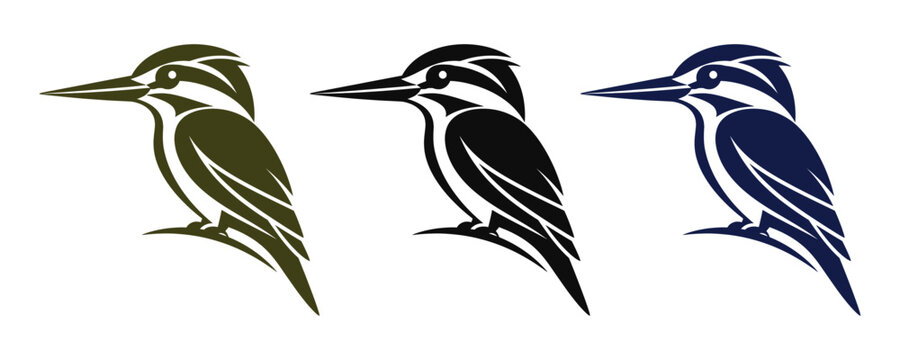 Set of three kingfisher bird silhouettes isolated on white background