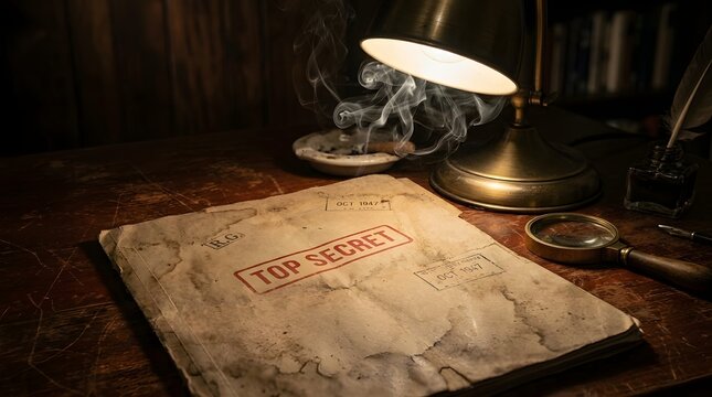 A top secret document with a magnifying glass and lamp on a desk
