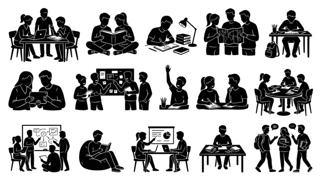 Black  White Line Art of Diverse Students Learning Together in Various Settings