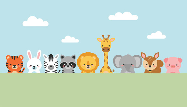 Adorable lineup of cartoon baby animals including a lion giraffe elephant and tiger peeking over a green grass border.