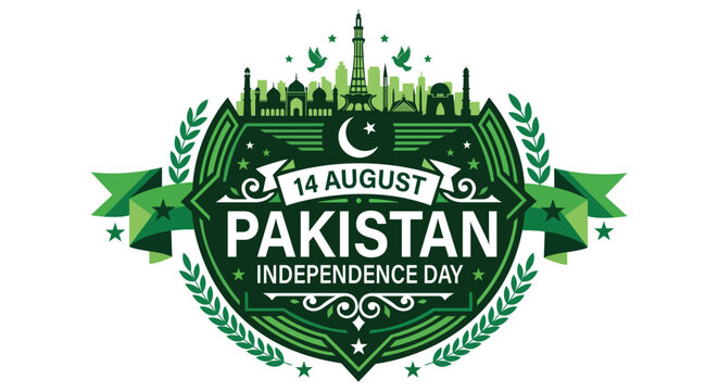 A green and white logo celebrating Pakistan Independence Day on August 14th