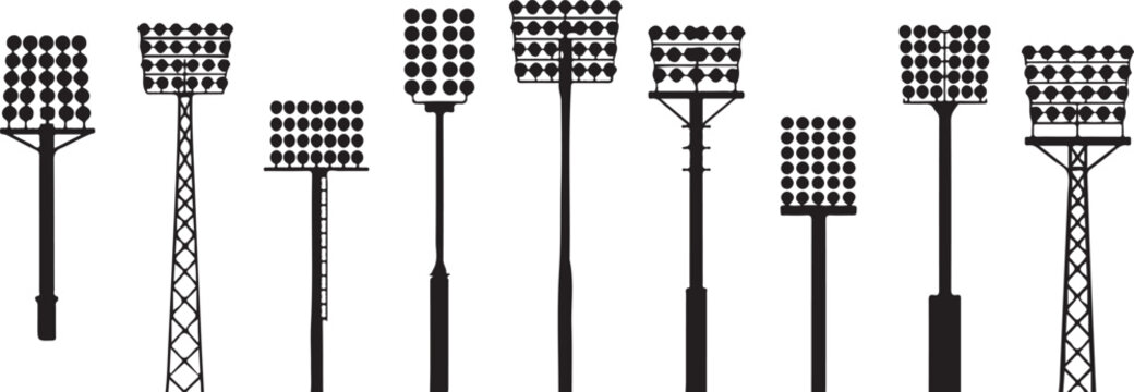 Various stadium floodlight towers with illumination panels