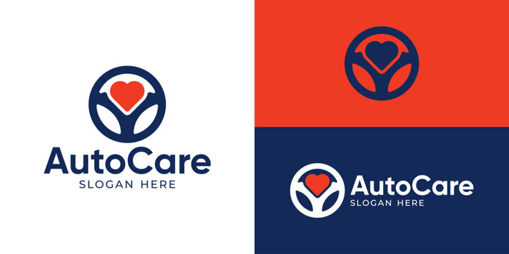 Creative simple auto care logo template. Steering wheel with love shape heart symbol car service logo design vector illustration.