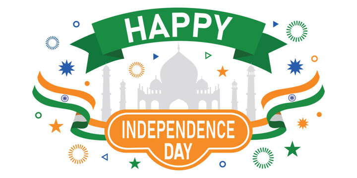 A vibrant illustration celebrating India's Independence Day with colorful decorations and the iconic Taj Mahal in the background.