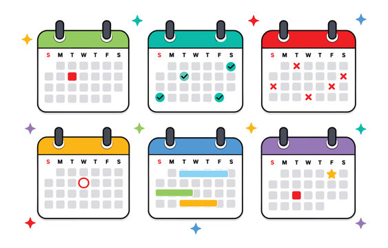 Colorful business calendar icon set for planning and task management