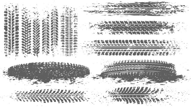 Abstract Tire Tread Road Collection, Grunge Style Rubber Track Patterns with Dirty Distressed Vector Design.