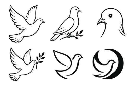 Decorative dove and bird icon set for peace and tranquility concepts