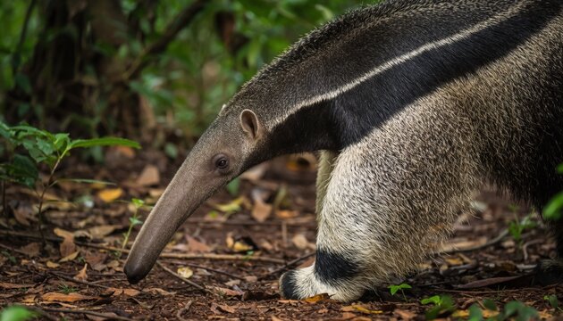 Giant anteater foraging in tropical forest floor close-up