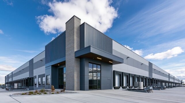 A large modern industrial building with a blue sky and white clouds in the background