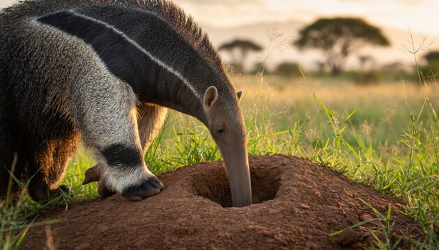 Giant anteater feeding at an anthill in golden savanna light