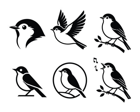 Set of six stylized songbird silhouettes in various artistic poses