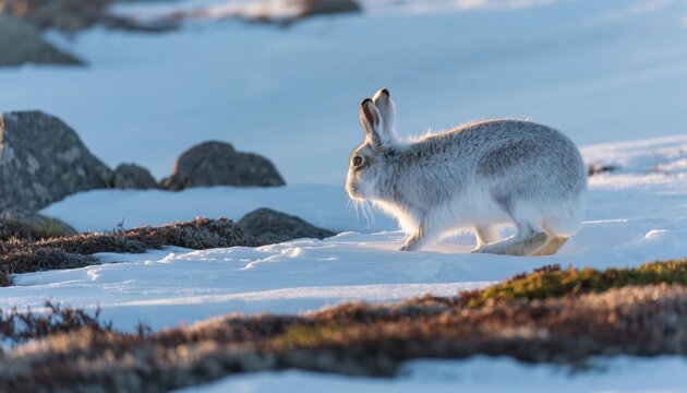 Arctic hare standing on snowy tundra in soft winter light