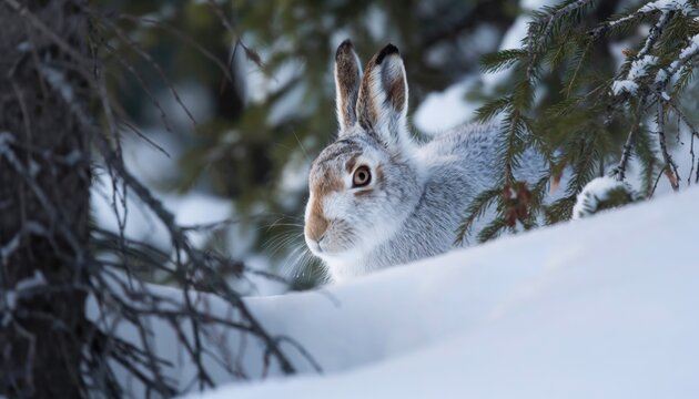 Snowshoe hare peeking through snowy evergreen forest in winter