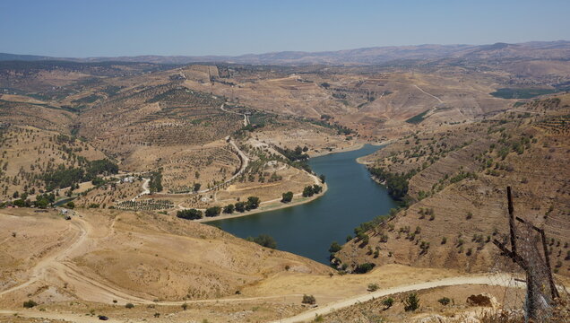 A panoramic view of King Talal Dam, where calm blue water winds through Jordan&rsquo;s golden hills, terraced fields, and olive groves, creating a striking contrast in the rugged countryside.