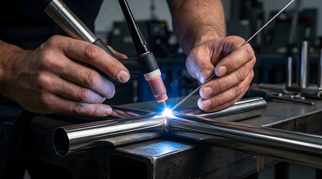 Professional TIG welder welding stainless steel pipes in a workshop.