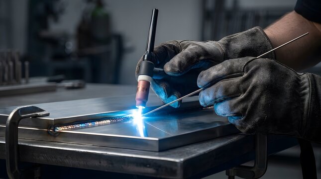 Professional welder using TIG welding torch on metal sheet in industrial workshop.