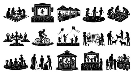 Fototapeta premium Lifestyle Community Recreation Silhouette Glyph Set: People Enjoying Outdoor Activities and Public Events