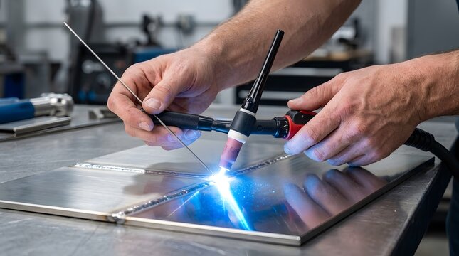 Professional welder performing precise TIG welding on stainless steel metal plate.