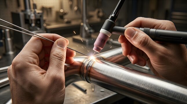 Closeup of a skilled metal worker performing TIG welding on a stainless steel pipe in a workshop.