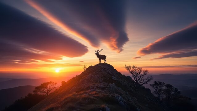 Silhouetted deer on sunset peak