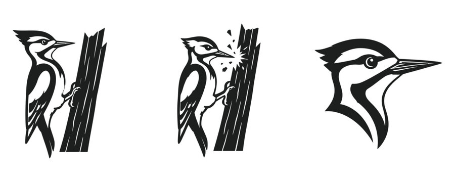 Three detailed woodpecker illustrations on tree trunks vector set