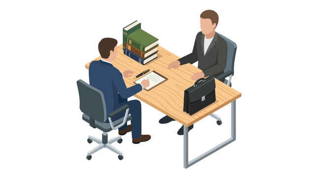 Lawyer and client meeting at office desk isometric illustration