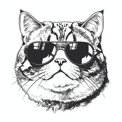 Stylish Hand Drawn Sketchy Cat Head Wearing Aviator Sunglasses Illustration