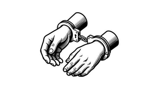 Black and white woodcut illustration of hands restrained in handcuffs