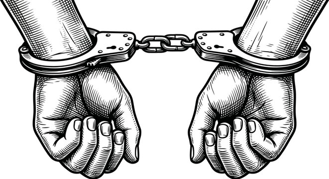 A woodcut style illustration of hands in handcuffs
