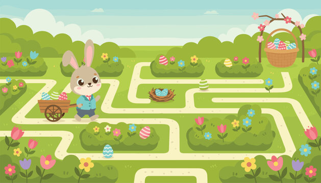 Easter themed labyrinth maze game for kids featuring an adorable bunny pushing a wooden cart of colorful eggs toward a basket.