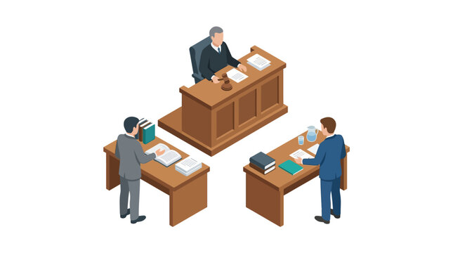 Isometric Illustration of a Legal Courtroom Hearing with Judge