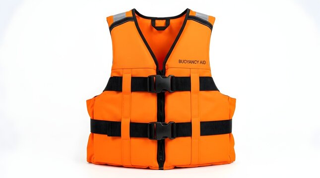 Bright orange life jacket with black buckles, professional buoyancy aid vest for water safety, high-visibility flotation device on white background