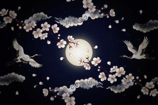Seamless pattern with white cranes flying in a dark night sky, illuminated by a glowing full moon, surrounded by cherry blossom branches and clouds