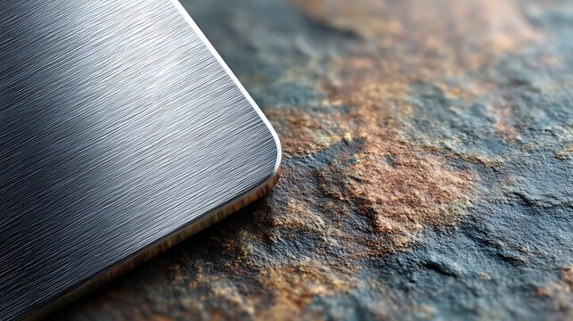 Close-Up of a Smooth Metallic Surface Against a Textured Rustic Stone Background