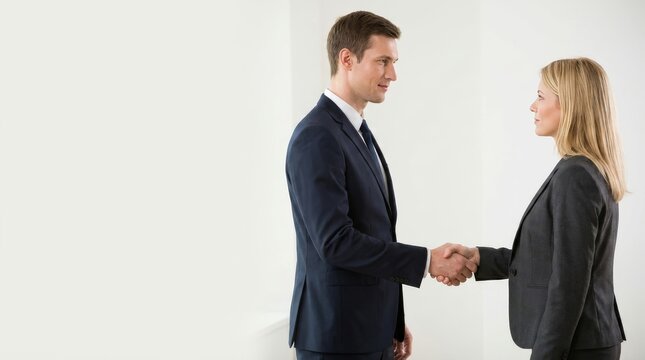 Professional Businessman and Businesswoman Shaking Hands in a Bright Modern Office Space Representing Corporate Partnership, Successful Agreement, and Collaboration