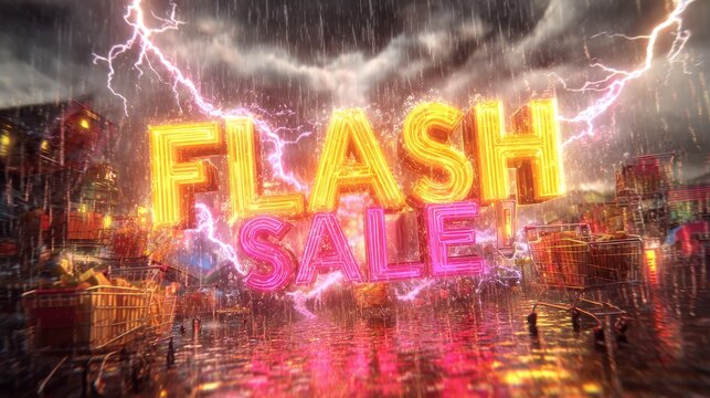 83.Bold 3D typography spelling flash sale exploding from center with bursts of electric lightning, monsoon clouds rolling in background, glossy shopping carts and boxes tumbling through rain, neon