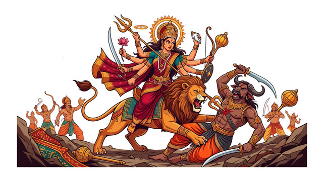 Goddess Durga Riding Lion Slaying Buffalo Demon Mahishasura &mdash; Hindu Mythology Battle Illustration