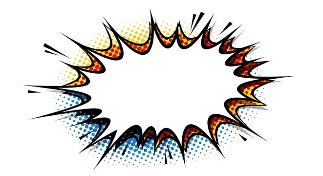 Comic speech bubble features a jagged explosion shape with colorful halftone dots for dramatic effect.