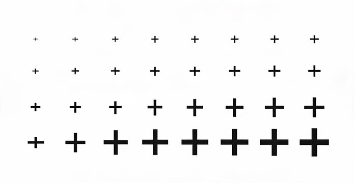 A structured grid of plus symbols with each row increasing in size, set against a plain white background.