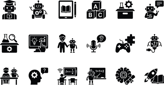 Set of education and technology icons featuring robots, digital learning, artificial intelligence, and classroom tools for modern elearning concepts