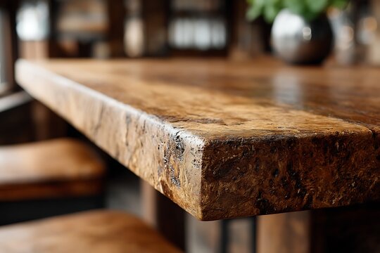 Close-Up of Rustic Wooden Table Edge in Cozy Interior Setting with Soft Natural Light and Warm Atmosphere