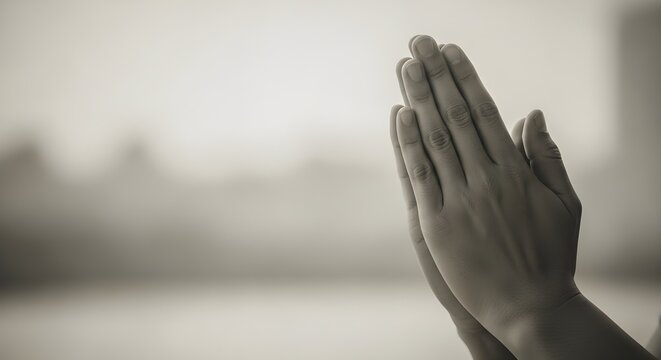 Close up of hands folded in prayer gesture with timeless black and white tone, representing spirituality and meditation