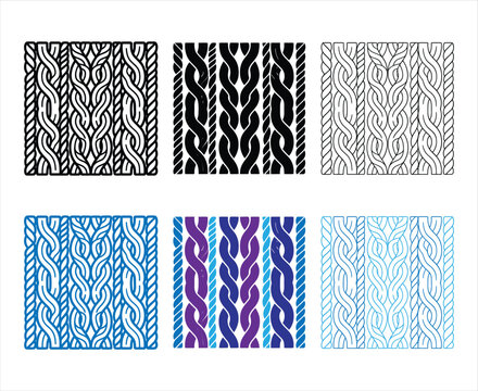 Knitted fabric pattern vector set with cable stitch textures and wool textile design backgrounds.