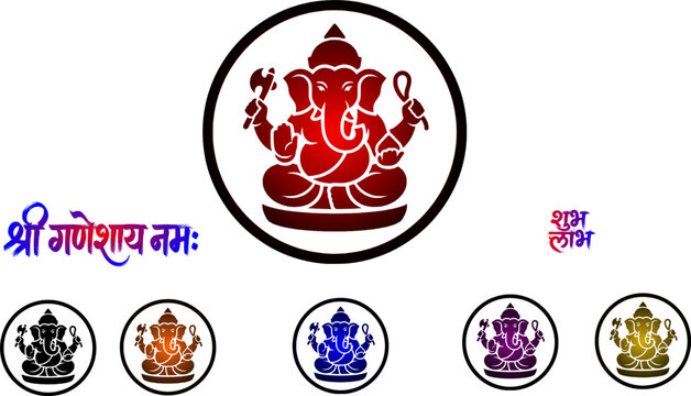 Lord Ganesha creative vector emblem design kit featuring an artistic silhouette icon of Ganpati inside a circle, accompanied by "Shree Ganeshay Namah" and "Shubh Labh" Devanagari calligraphy, shown in