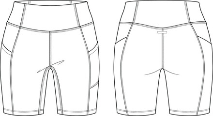 Obraz premium High Waist Biker Shorts Technical Fashion Template with Pockets Front and Back Vector Outline