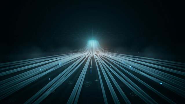 Dynamic flow of digital data streams converging into a bright light source data flow