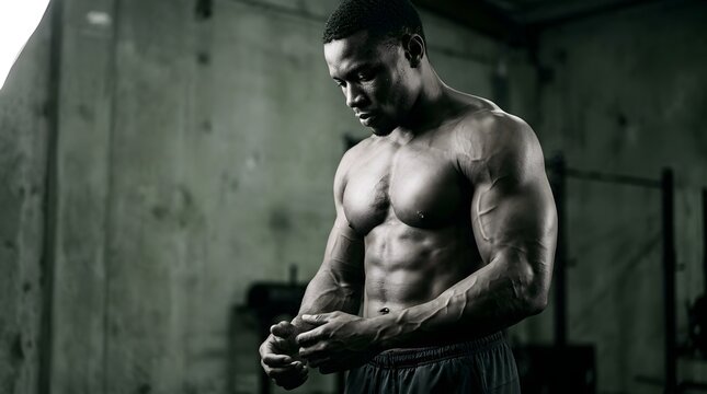 Muscular African American man preparing for workout in a gritty gym.