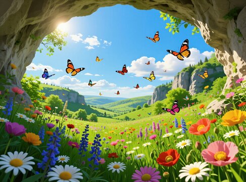 View from inside limestone cave looking at vibrant spring meadow with wildflowers under blue sky. Butterflies fly over green hills, grass. Sunny day brings bright light to flower field valley. Nature