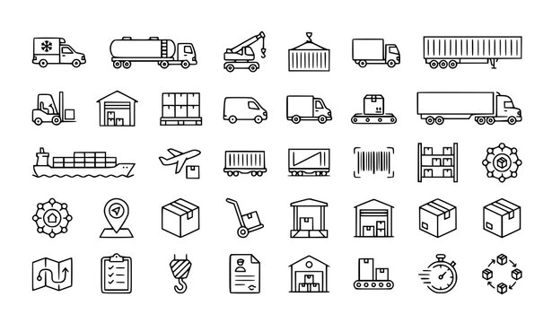 Logistics freight transport outline icon set with tanker crane and container vector